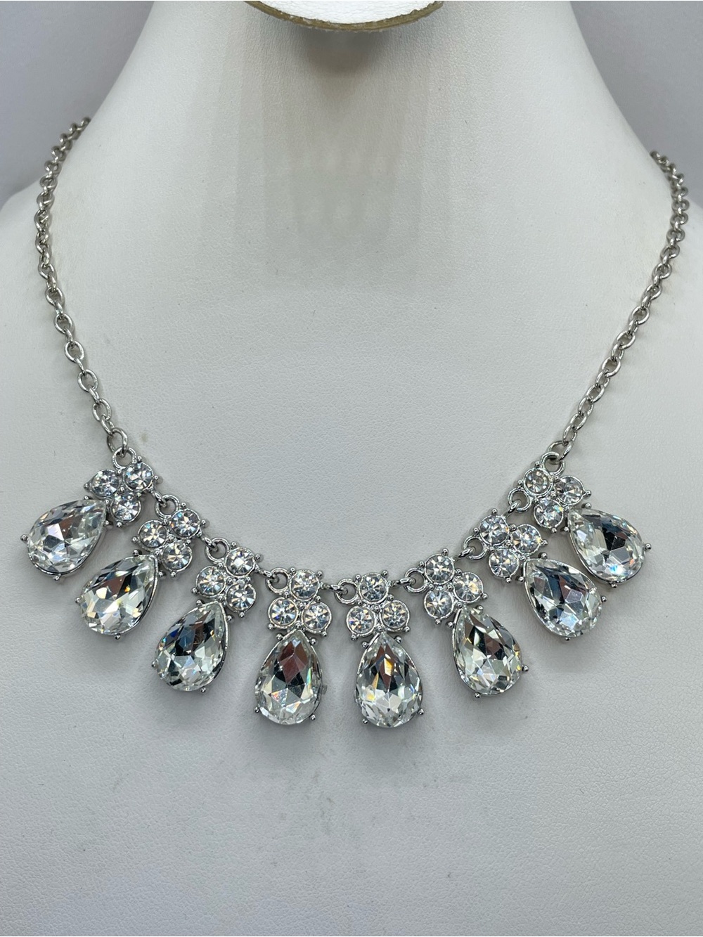 Silver Tone White Crystal Glass Teardrop Statement Necklace Bridal Wedding Bib
